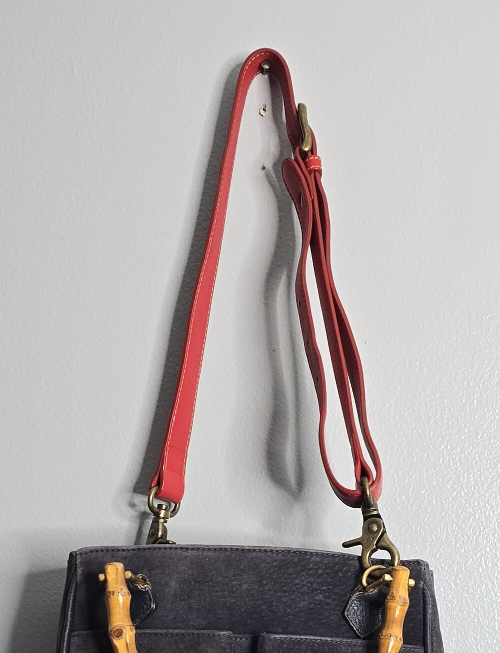 Red Leather Bronze-Tone Short Purse Shoulder Strap